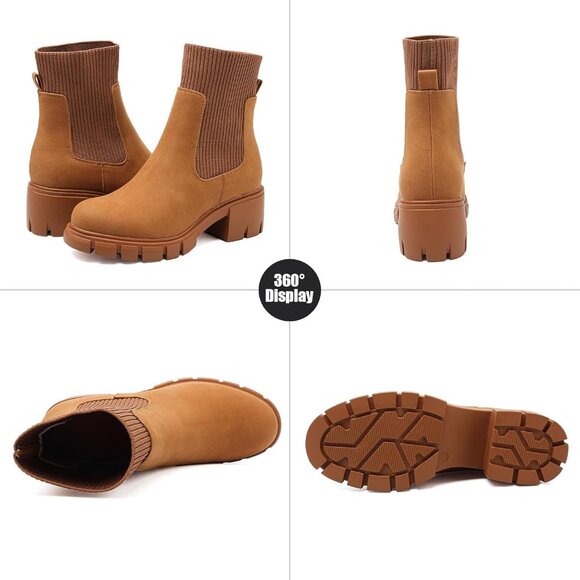 Women's Chelsea Platform Brown-rm Ankle Boots Stylish Comfortable Slip On Shoes - Picture 2 of 7